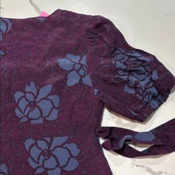 Black Halo | Silk Tunic Style Women’s Purple Floral Print Wrap Blouse Top Size M - Picture 10 of 16